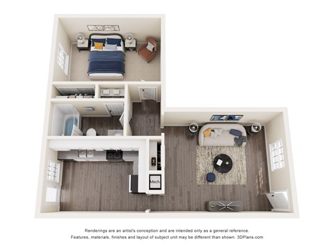 Floor plan for 1 bed, 1 bath, 811 sqft